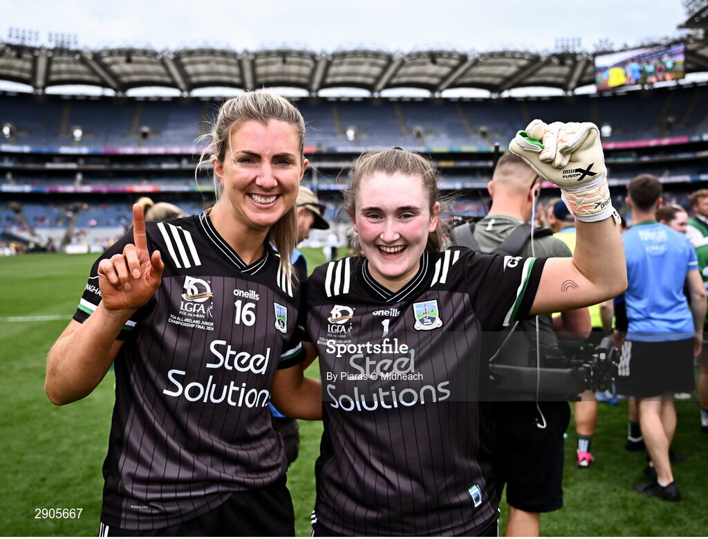 4 August 2024; Fermanagh goalkeepers Áine Haren, left, and Megan Maguire celebrate after their side's victory in the TG4 All-Ireland Ladies Football Junior Championship final match between Fermanagh and Louth at Croke Park in Dublin. Photo by Piaras Ó Mídheach/Sportsfile