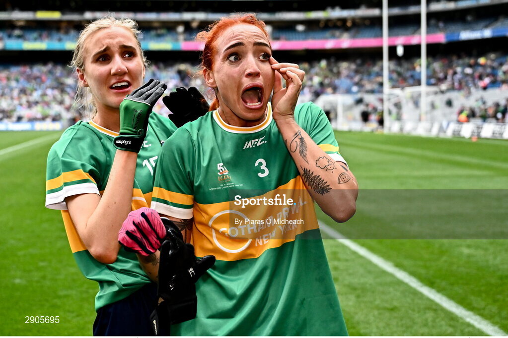 4 August 2024; Leitrim players Charlene Tyrrell, right, and Áine Redican celebrate after her side's victory in the TG4 All-Ireland Ladies Football Intermediate Championship final match between Leitrim and Tyrone at Croke Park in Dublin. Photo by Piaras Ó Mídheach/Sportsfile