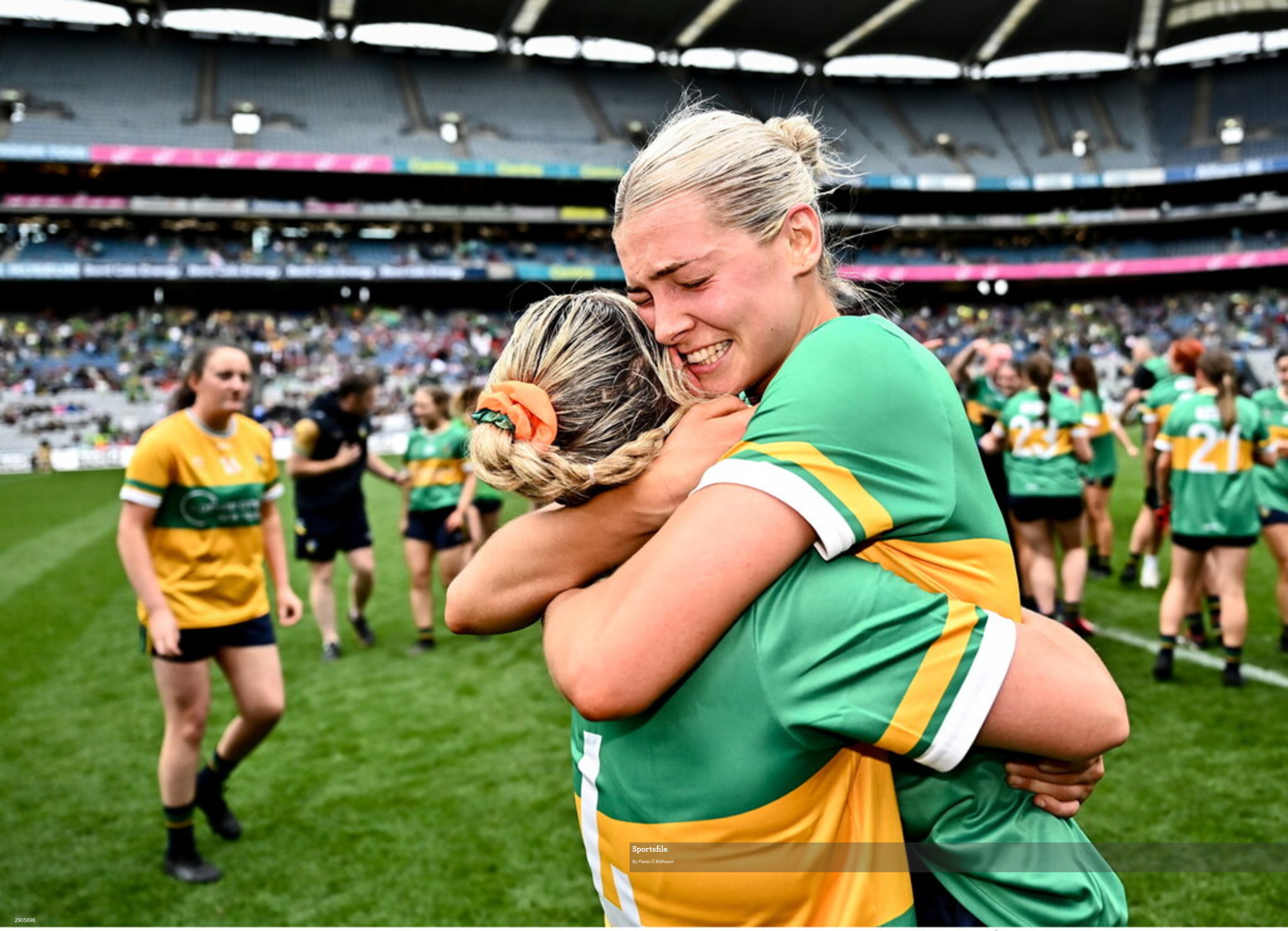 4 August 2024; Leitrim players Clare Owens, left, and Elise Bruen celebrate after their side's victory in the TG4 All-Ireland Ladies Football Intermediate Championship final match between Leitrim and Tyrone at Croke Park in Dublin. Photo by Piaras Ó Mídheach/Sportsfile