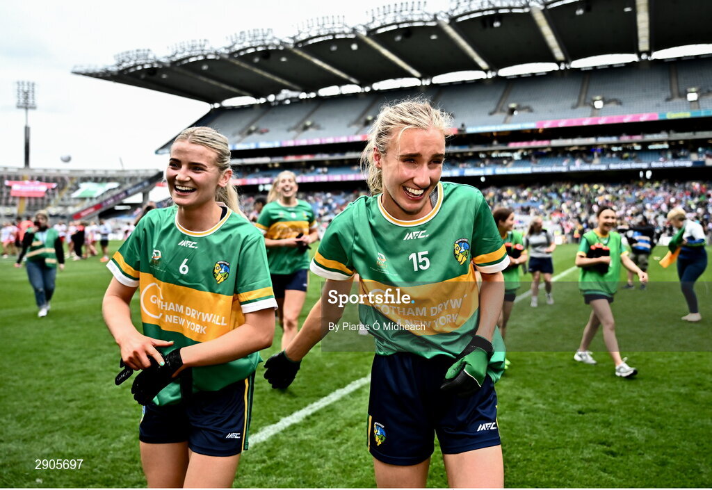 4 August 2024; Leitrim players Áine Redican, right, and Kasey Bruen celebrate after their side's victory in the TG4 All-Ireland Ladies Football Intermediate Championship final match between Leitrim and Tyrone at Croke Park in Dublin. Photo by Piaras Ó Mídheach/Sportsfile
