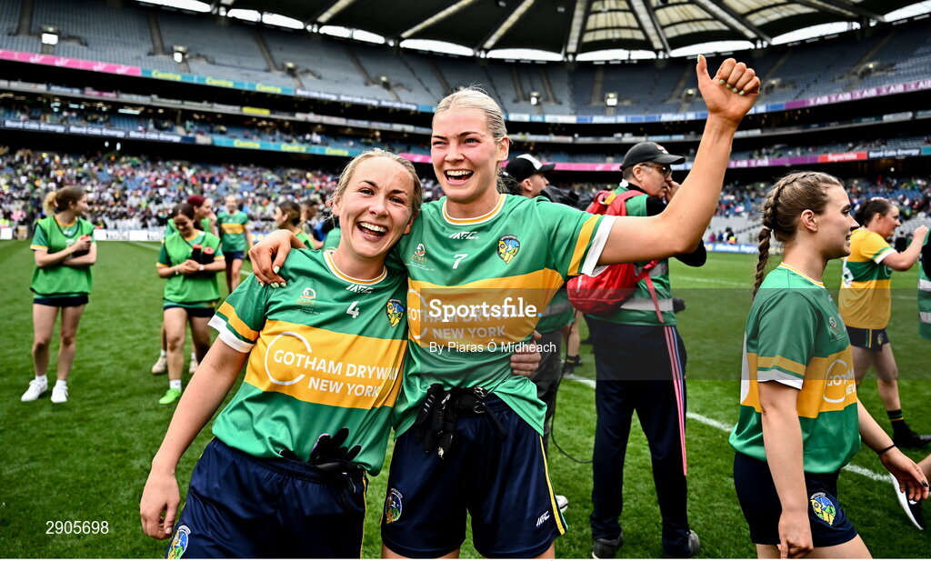 4 August 2024; Leitrim players Clare Owens, left, and Elise Bruen celebrate after their side's victory in the TG4 All-Ireland Ladies Football Intermediate Championship final match between Leitrim and Tyrone at Croke Park in Dublin. Photo by Piaras Ó Mídheach/Sportsfile