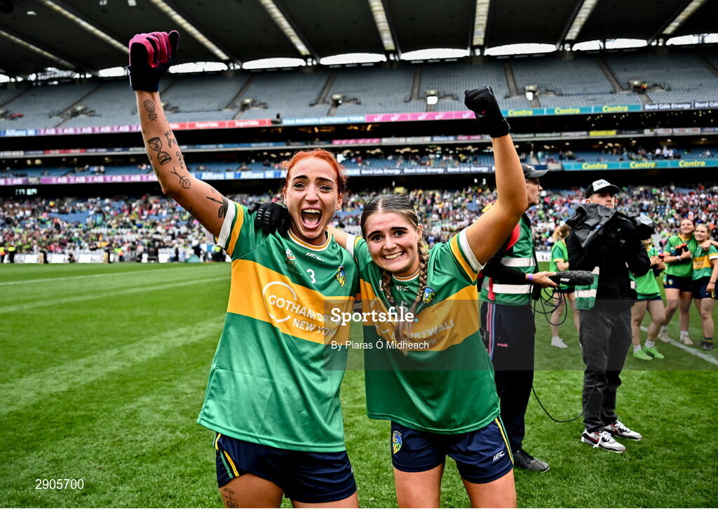 4 August 2024; Leitrim players Charlene Tyrrell, left, and Sarah Reynolds celebrate after their side's victory in the TG4 All-Ireland Ladies Football Intermediate Championship final match between Leitrim and Tyrone at Croke Park in Dublin. Photo by Piaras Ó Mídheach/Sportsfile