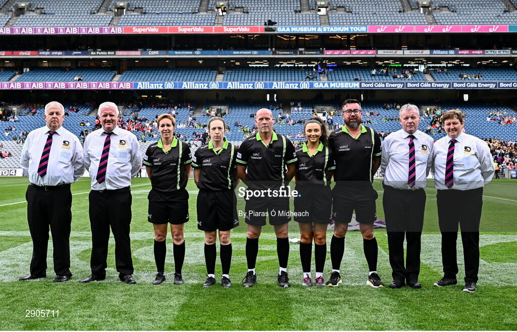 4 August 2024; Match officials before the TG4 All-Ireland Ladies Football Intermediate Championship final match between Leitrim and Tyrone at Croke Park in Dublin. Photo by Piaras Ó Mídheach/Sportsfile