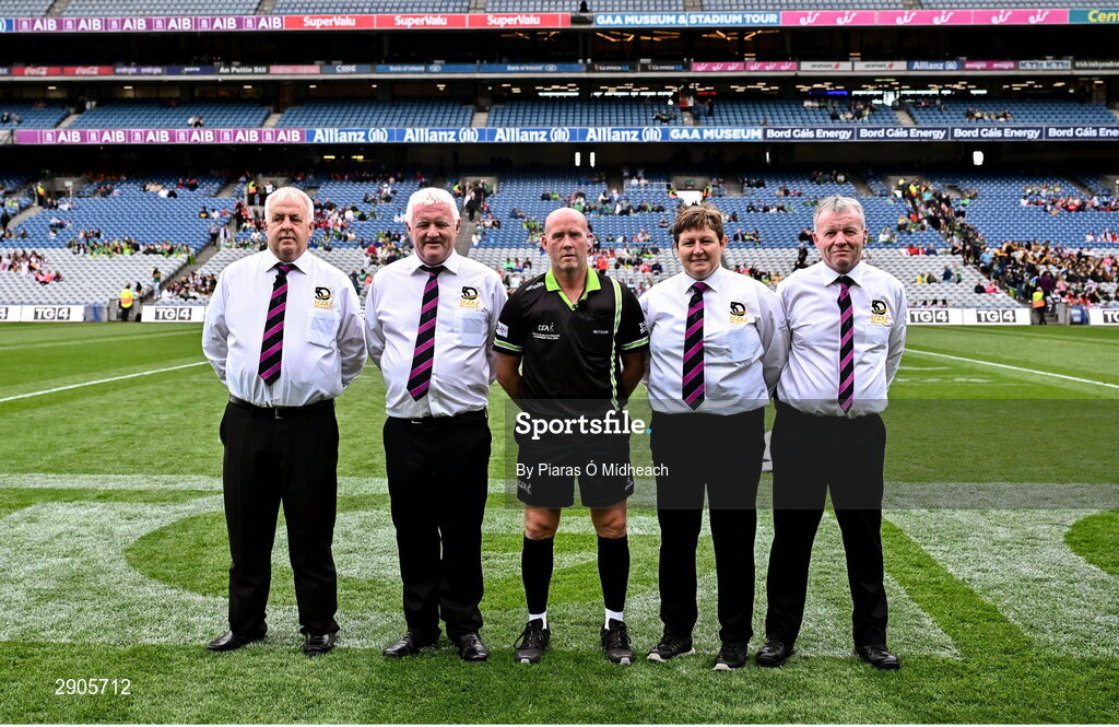 4 August 2024; Match officials before the TG4 All-Ireland Ladies Football Intermediate Championship final match between Leitrim and Tyrone at Croke Park in Dublin. Photo by Piaras Ó Mídheach/Sportsfile