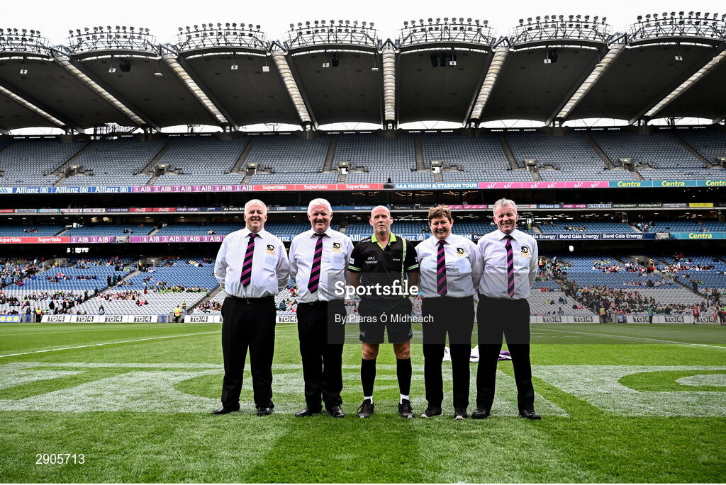 4 August 2024; Match officials before the TG4 All-Ireland Ladies Football Intermediate Championship final match between Leitrim and Tyrone at Croke Park in Dublin. Photo by Piaras Ó Mídheach/Sportsfile