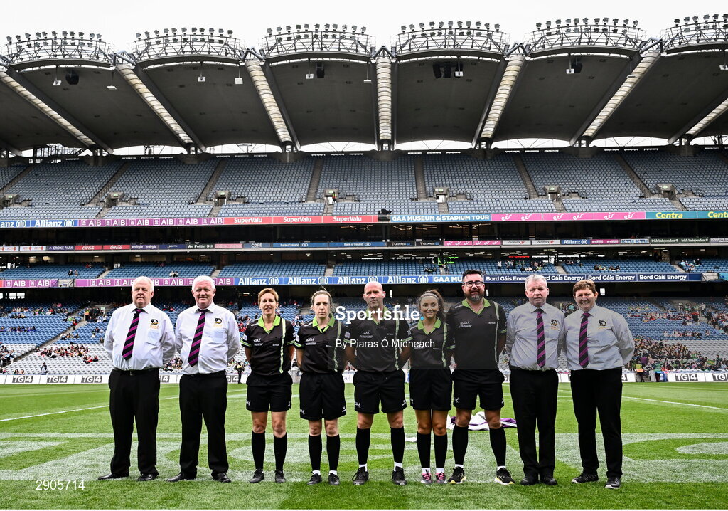 4 August 2024; Match officials before the TG4 All-Ireland Ladies Football Intermediate Championship final match between Leitrim and Tyrone at Croke Park in Dublin. Photo by Piaras Ó Mídheach/Sportsfile
