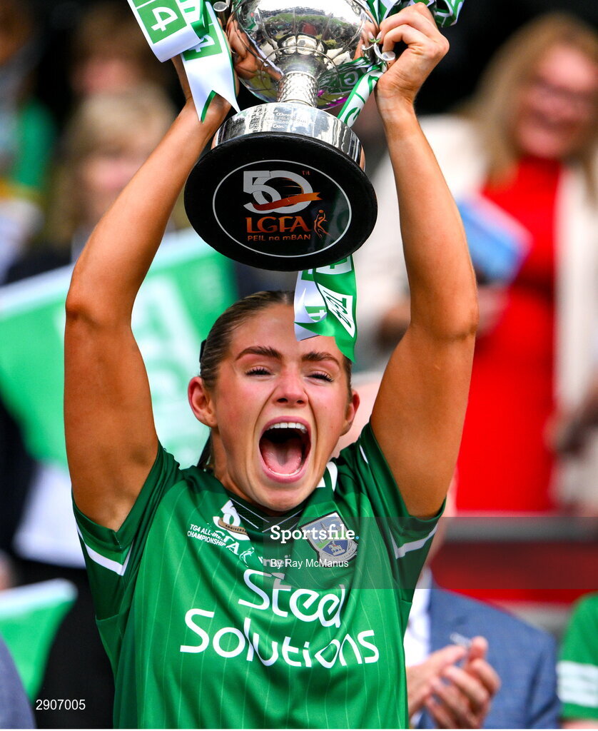 4 August 2024; Brenda Bannon of Fermanagh lifts the West County Hotel cup after the TG4 All-Ireland Ladies Junior Football Championship final match between Fermanagh and Louth at Croke Park, Dublin. Photo by Ray McManus/Sportsfile