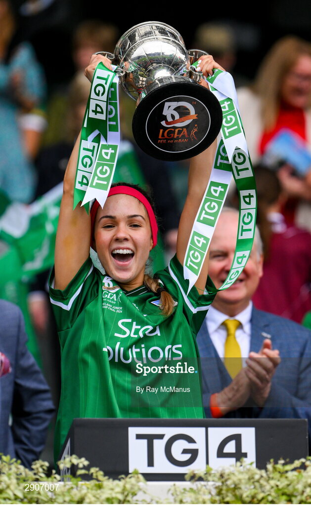 4 August 2024; Courteney Murphy of Fermanagh lifts the West County Hotel cup after the TG4 All-Ireland Ladies Junior Football Championship final match between Fermanagh and Louth at Croke Park, Dublin. Photo by Ray McManus/Sportsfile
