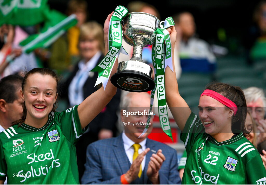 4 August 2024; Fermanagh players Hannah Murphy and Fionnuala Maguire lift the West County Hotel cup after the TG4 All-Ireland Ladies Junior Football Championship final match between Fermanagh and Louth at Croke Park, Dublin. Photo by Ray McManus/Sportsfile