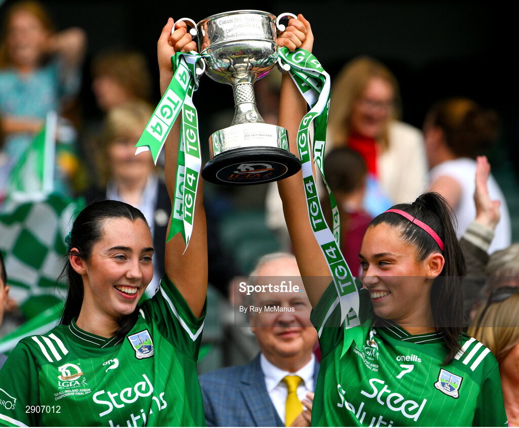 4 August 2024; Bláithín Bogue and Cadhla-Cara Bogue  of Fermanagh lift the West County Hotel cup after the TG4 All-Ireland Ladies Junior Football Championship final match between Fermanagh and Louth at Croke Park, Dublin. Photo by Ray McManus/Sportsfile