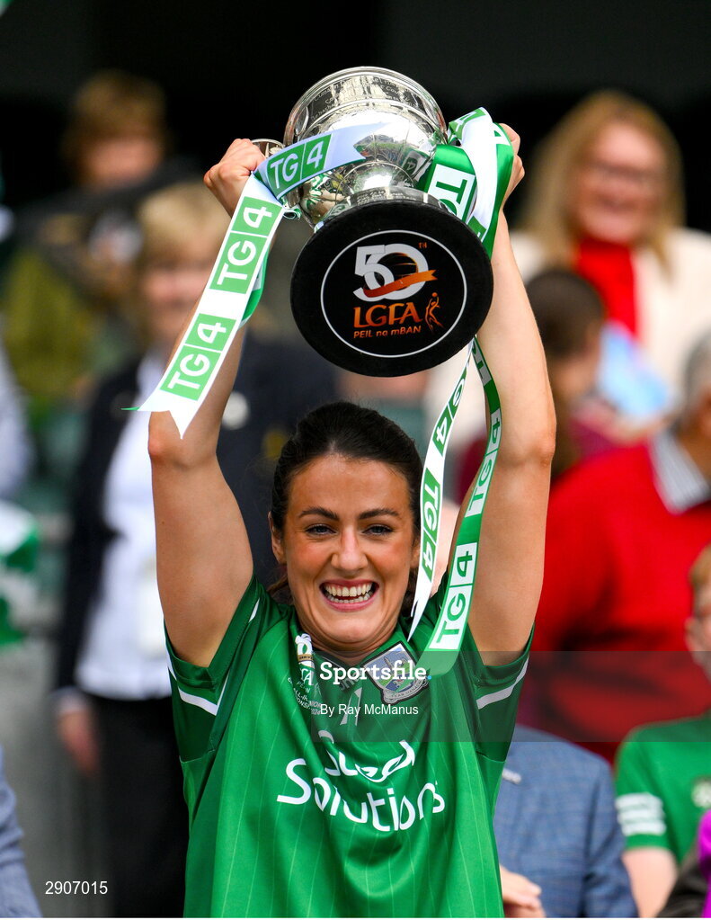 4 August 2024; Joanne Doonan of Fermanagh lifts the West County Hotel cup after the TG4 All-Ireland Ladies Junior Football Championship final match between Fermanagh and Louth at Croke Park, Dublin. Photo by Ray McManus/Sportsfile