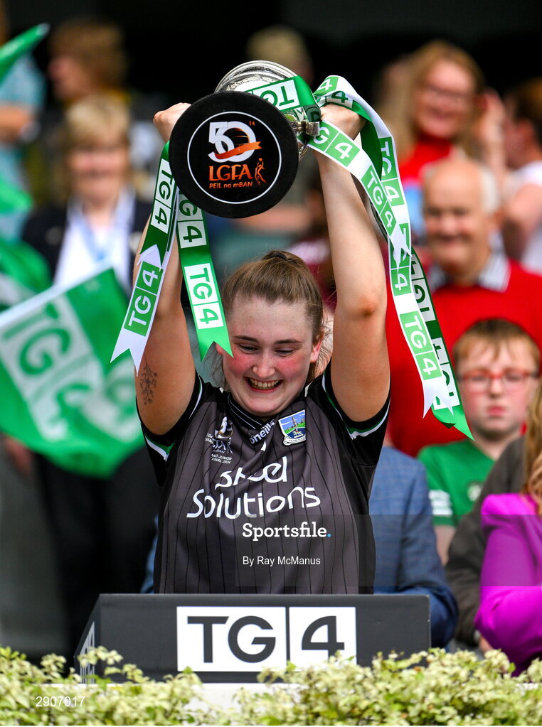 4 August 2024; Fermanagh goalkeeper Megan Maguire lifts the West County Hotel cup after the TG4 All-Ireland Ladies Junior Football Championship final match between Fermanagh and Louth at Croke Park, Dublin. Photo by Ray McManus/Sportsfile
