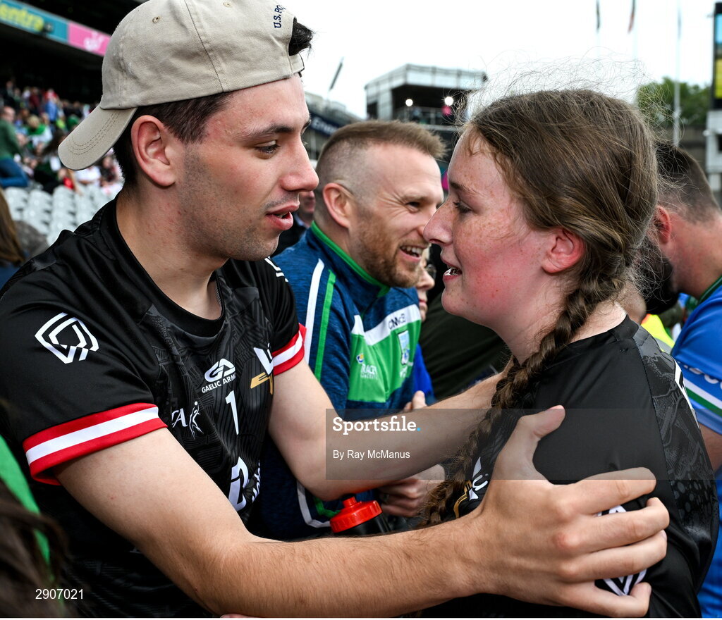 4 August 2024; Fermanagh goalkeeper Megan Maguire with her boyfried Liam Brennan after the TG4 All-Ireland Ladies Junior Football Championship final match between Fermanagh and Louth at Croke Park, Dublin. Photo by Ray McManus/Sportsfile