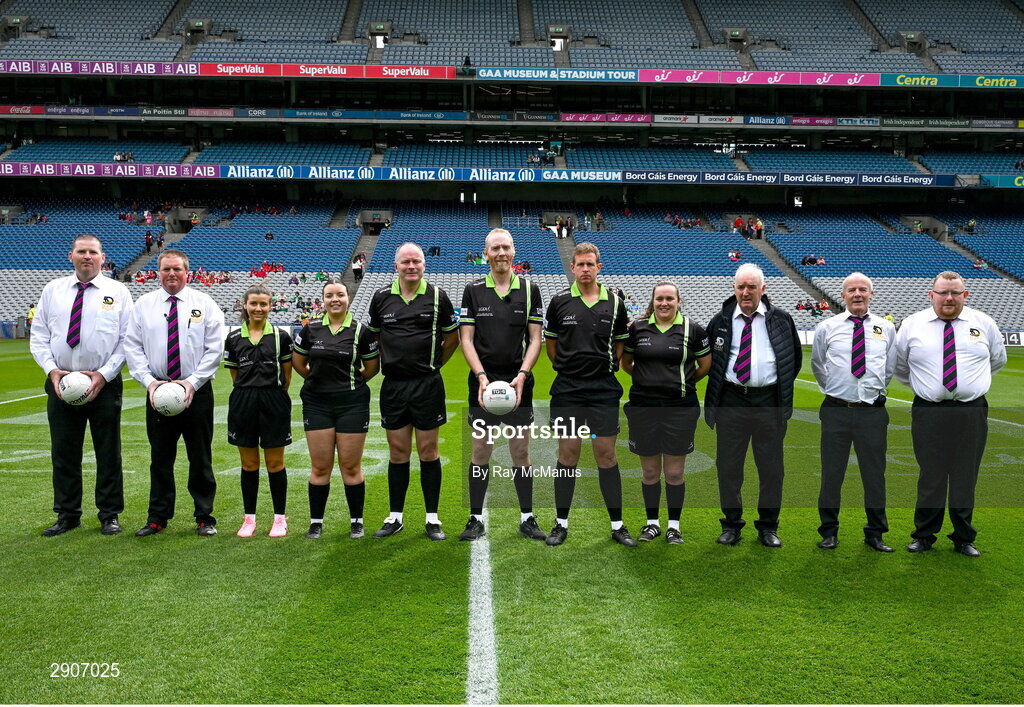 4 August 2024; Referee Ger Canny and his match officials before the TG4 All-Ireland Ladies Junior Football Championship final match between Fermanagh and Louth at Croke Park, Dublin. Photo by Ray McManus/Sportsfile