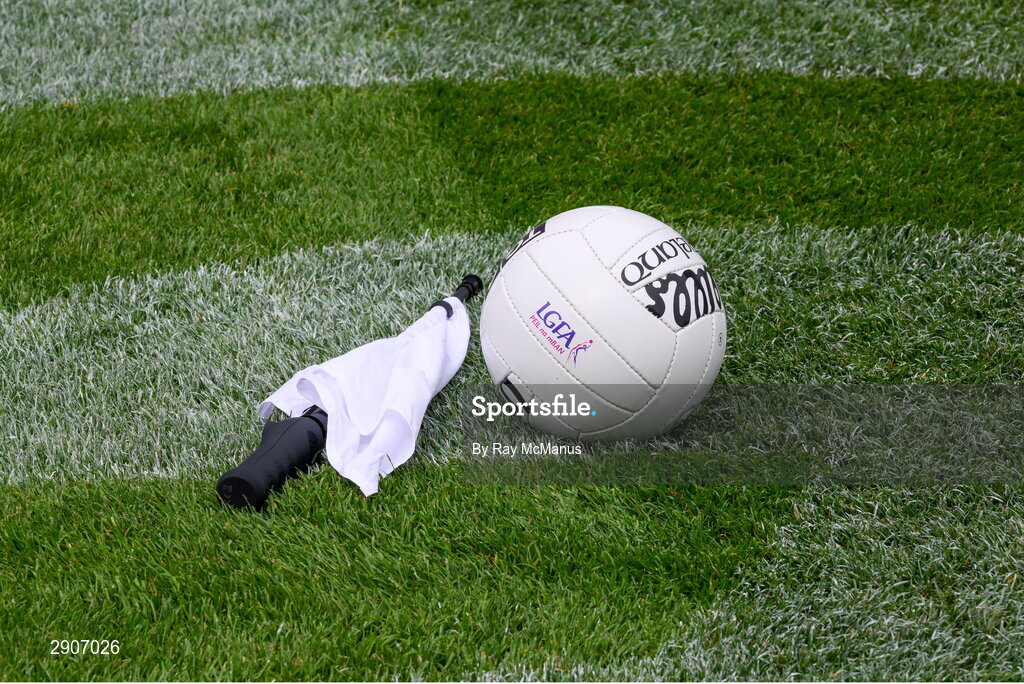 4 August 2024; A football and a line flag on the grass before the TG4 All-Ireland Ladies Junior Football Championship final match between Fermanagh and Louth at Croke Park, Dublin. Photo by Ray McManus/Sportsfile