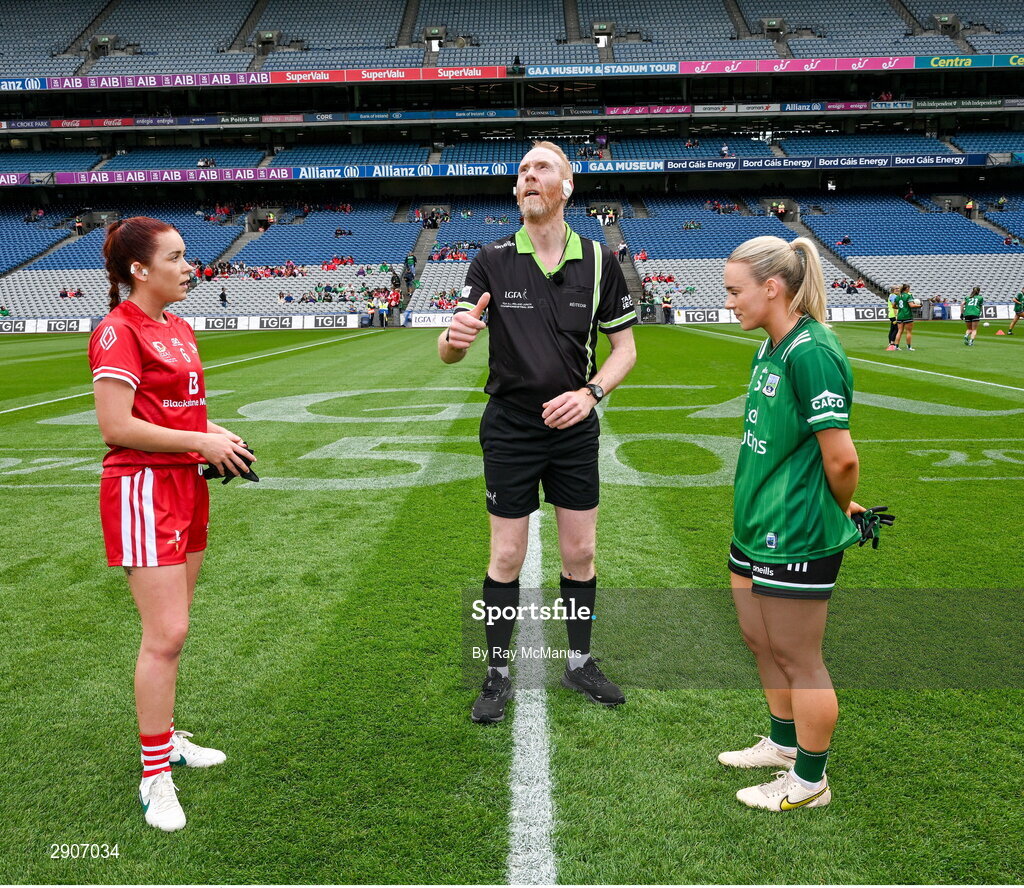 4 August 2024; Referee Ger Canny with the two captains, Áine Breen of Louth and Shannan McQuade of Fermanagh, before the TG4 All-Ireland Ladies Junior Football Championship final match between Fermanagh and Louth at Croke Park, Dublin. Photo by Ray McManus/Sportsfile