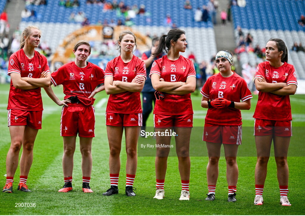 4 August 2024; Louth players after the TG4 All-Ireland Ladies Junior Football Championship final match between Fermanagh and Louth at Croke Park, Dublin. Photo by Ray McManus/Sportsfile