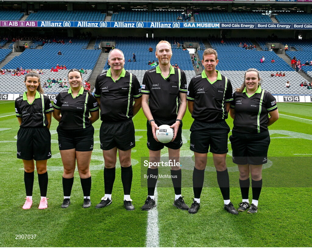 4 August 2024; Referee Ger Canny and his match officials before the TG4 All-Ireland Ladies Junior Football Championship final match between Fermanagh and Louth at Croke Park, Dublin. Photo by Ray McManus/Sportsfile