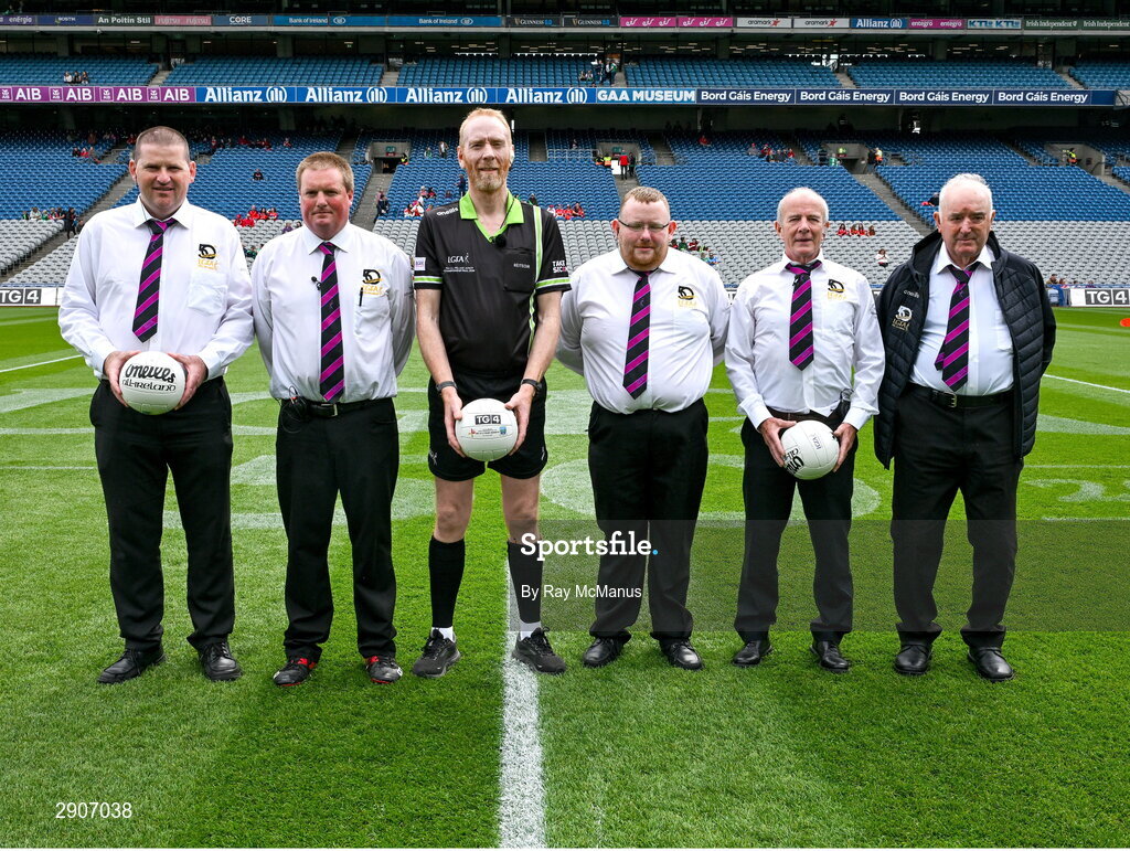 4 August 2024; Referee Ger Canny and his ùmpires before the TG4 All-Ireland Ladies Junior Football Championship final match between Fermanagh and Louth at Croke Park, Dublin. Photo by Ray McManus/Sportsfile
