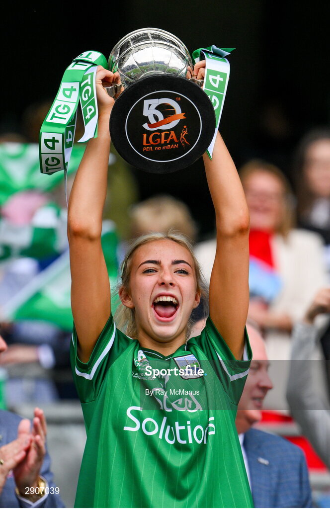 4 August 2024; Caoimhe Gallagher of Fermanagh lifts the West County Hotel cup after the TG4 All-Ireland Ladies Junior Football Championship final match between Fermanagh and Louth at Croke Park, Dublin. Photo by Ray McManus/Sportsfile