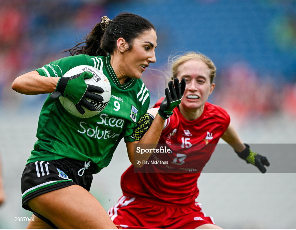4 August 2024; Lisa Maguire of Fermanagh is tackled by Seoda Matthews of Louth during the TG4 All-Ireland Ladies Junior Football Championship final match between Fermanagh and Louth at Croke Park, Dublin. Photo by Ray McManus/Sportsfile