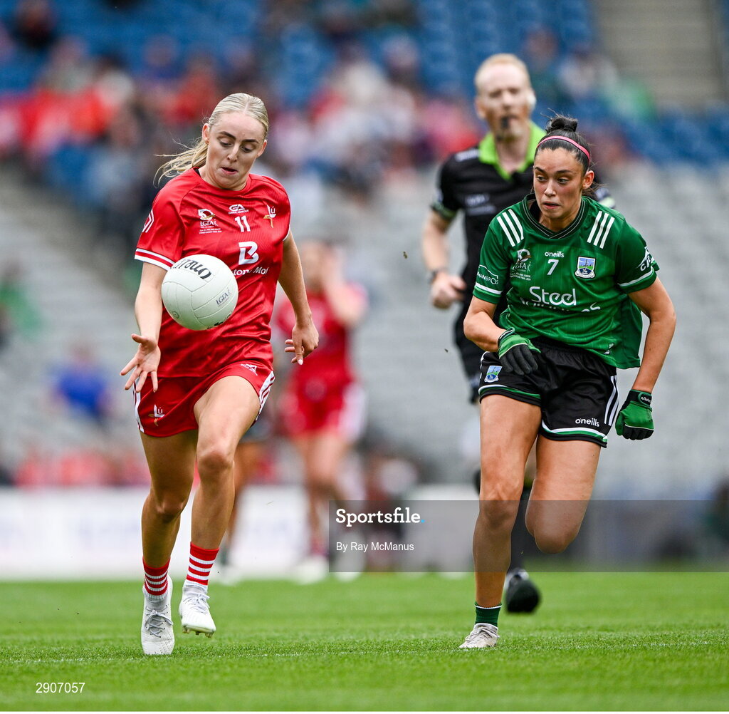 4 August 2024; Aoife Russell of Louth races clear of Cadhla-Cara Bogue of Fermanagh during the TG4 All-Ireland Ladies Junior Football Championship final match between Fermanagh and Louth at Croke Park, Dublin. Photo by Ray McManus/Sportsfile