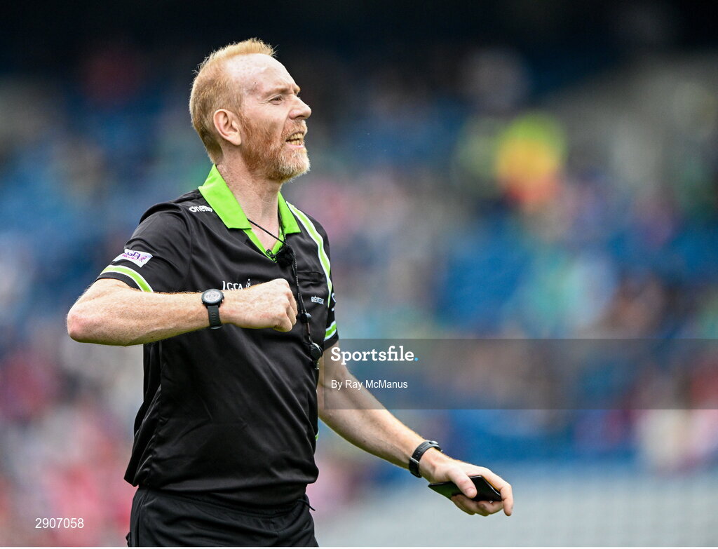 4 August 2024; Referee Ger Canny during the TG4 All-Ireland Ladies Junior Football Championship final match between Fermanagh and Louth at Croke Park, Dublin. Photo by Ray McManus/Sportsfile