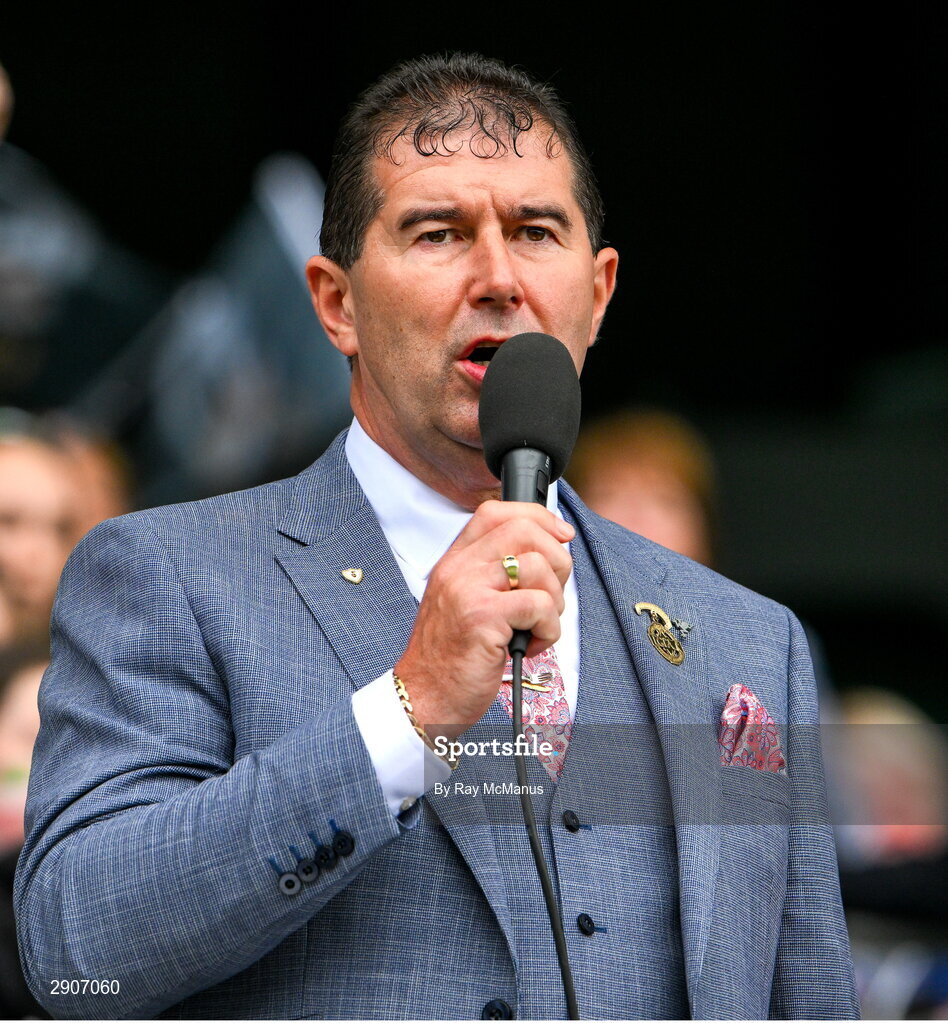 4 August 2024; Uachtarán Cumann Peil Gael na mBan Mícheál Naughton speaking during the cup presentation after the TG4 All-Ireland Ladies Junior Football Championship final match between Fermanagh and Louth at Croke Park, Dublin. Photo by Ray McManus/Sportsfile