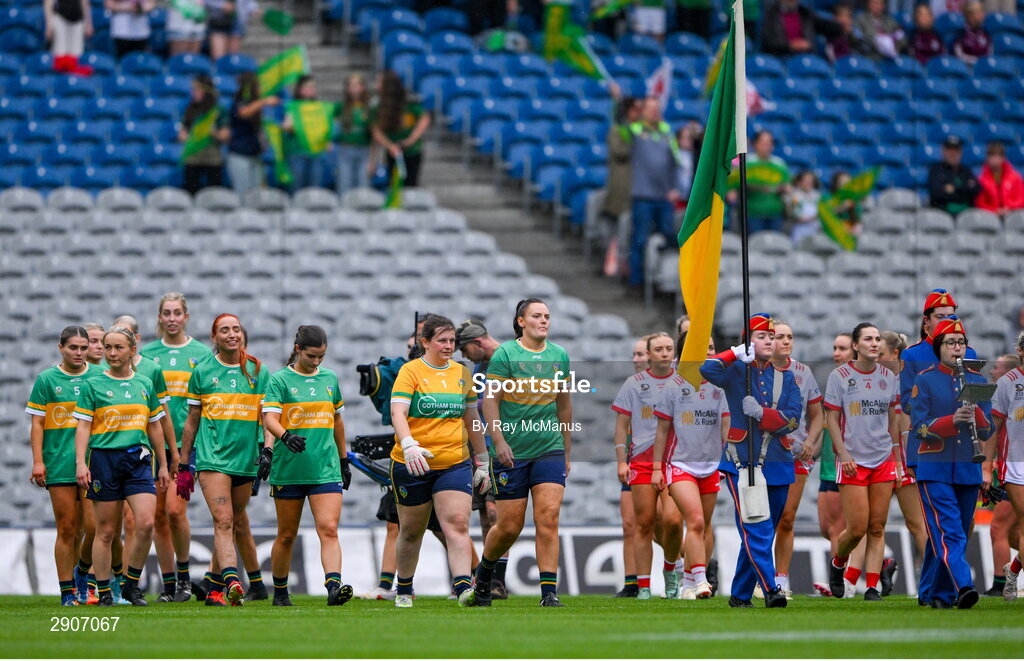4 August 2024; Michelle Guckian, 9, of Leitrim leads her team in the pre match parade before the TG4 All-Ireland Ladies Football Intermediate Championship final match between Leitrim and Tyrone at Croke Park, Dublin. Photo by Ray McManus/Sportsfile