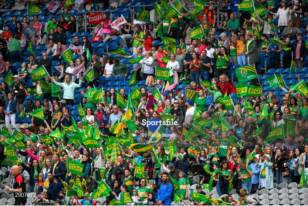 4 August 2024; Leitrim supporters, in the Hogan Stand, before the TG4 All-Ireland Ladies Football Intermediate Championship final match between Leitrim and Tyrone at Croke Park, Dublin. Photo by Ray McManus/Sportsfile