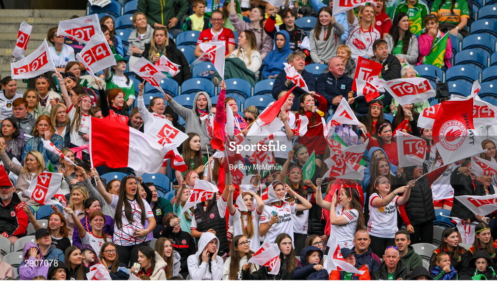 4 August 2024; Tyrone supporters celebrate a score during the TG4 All-Ireland Ladies Football Intermediate Championship final match between Leitrim and Tyrone at Croke Park, Dublin. Photo by Ray McManus/Sportsfile