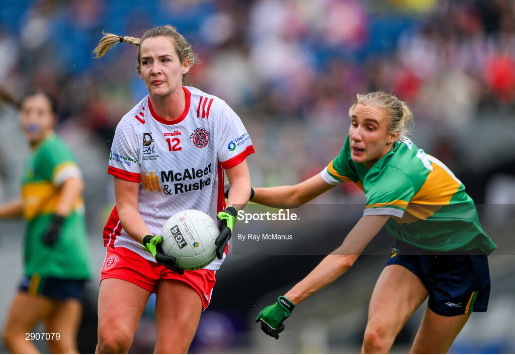 4 August 2024; Emma Jane Gervin of Tyrone in action against Áine Redican of Leitrim during the TG4 All-Ireland Ladies Football Intermediate Championship final match between Leitrim and Tyrone at Croke Park, Dublin. Photo by Ray McManus/Sportsfile