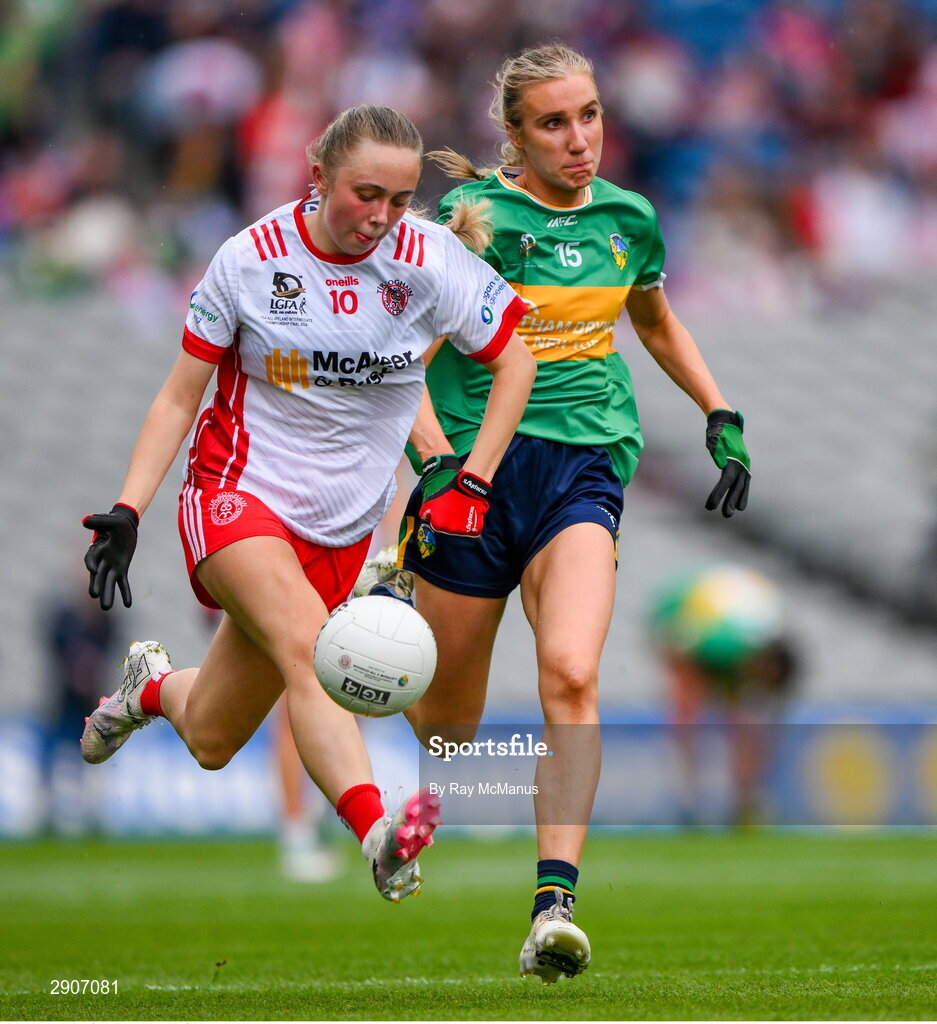 4 August 2024; Áine Grimes of Tyrone races clear of Áine Redican of Leitrim during the TG4 All-Ireland Ladies Football Intermediate Championship final match between Leitrim and Tyrone at Croke Park, Dublin. Photo by Ray McManus/Sportsfile
