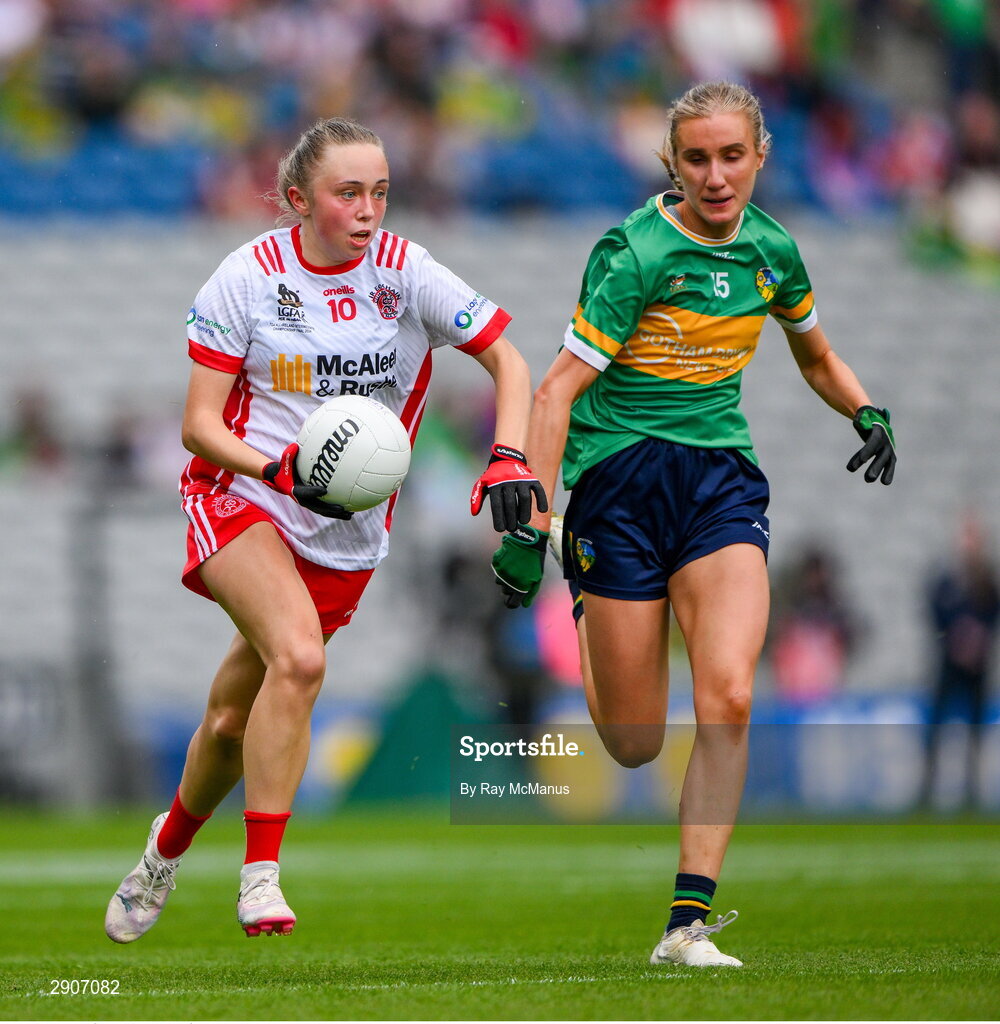 4 August 2024; Áine Grimes of Tyrone races clear of Áine Redican of Leitrim during the TG4 All-Ireland Ladies Football Intermediate Championship final match between Leitrim and Tyrone at Croke Park, Dublin. Photo by Ray McManus/Sportsfile