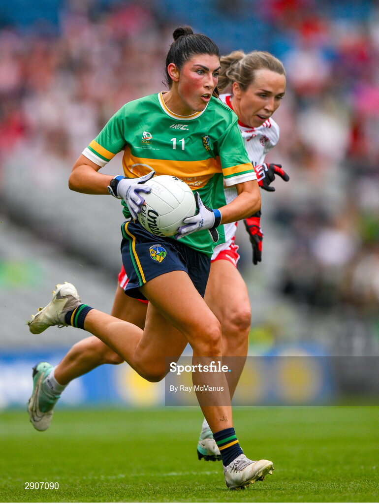 4 August 2024; Laura O'Dowd of Leitrim in action against Meabh Mallon of Tyrone during the TG4 All-Ireland Ladies Football Intermediate Championship final match between Leitrim and Tyrone at Croke Park, Dublin. Photo by Ray McManus/Sportsfile