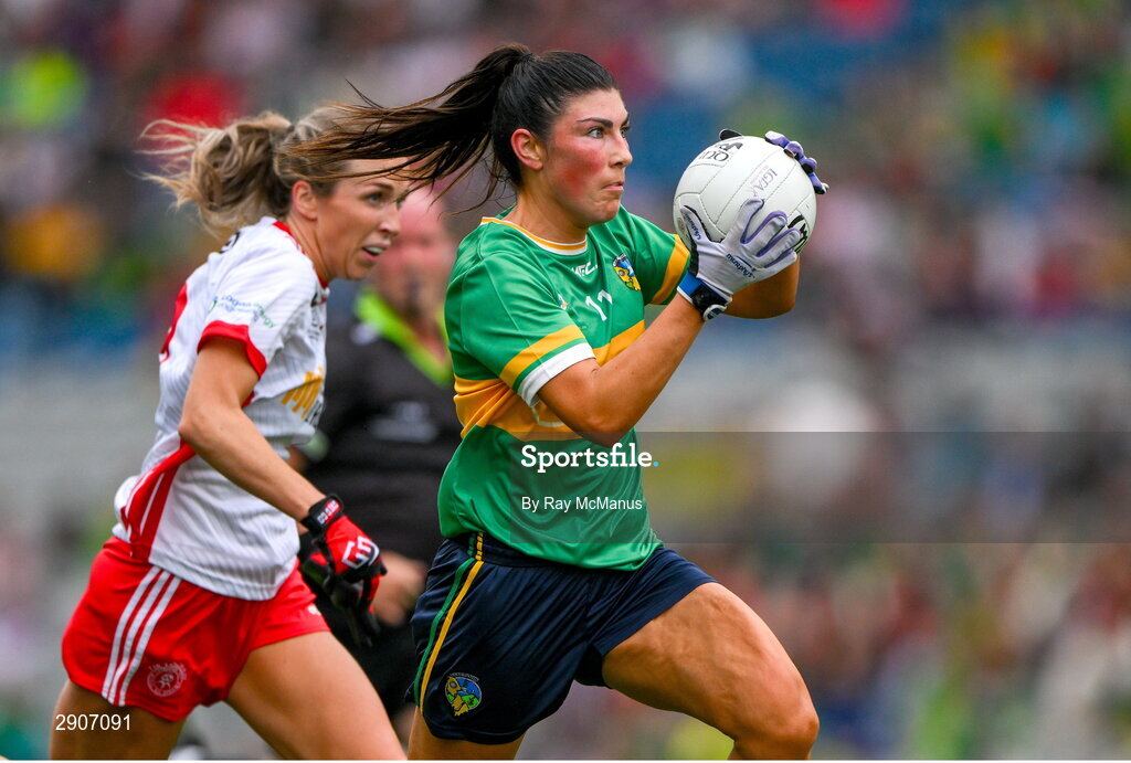 4 August 2024; Laura O'Dowd of Leitrim in action against Meabh Mallon of Tyrone during the TG4 All-Ireland Ladies Football Intermediate Championship final match between Leitrim and Tyrone at Croke Park, Dublin. Photo by Ray McManus/Sportsfile