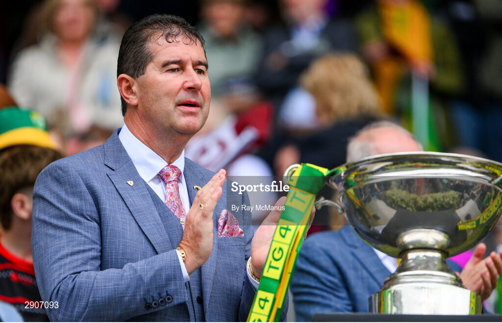 4 August 2024; Uachtarán Cumann Peil Gael na mBan, Mícheál Naughtonn, before the cup presentation at the TG4 All-Ireland Ladies Football Intermediate Championship final match between Leitrim and Tyrone at Croke Park, Dublin. Photo by Ray McManus/Sportsfile