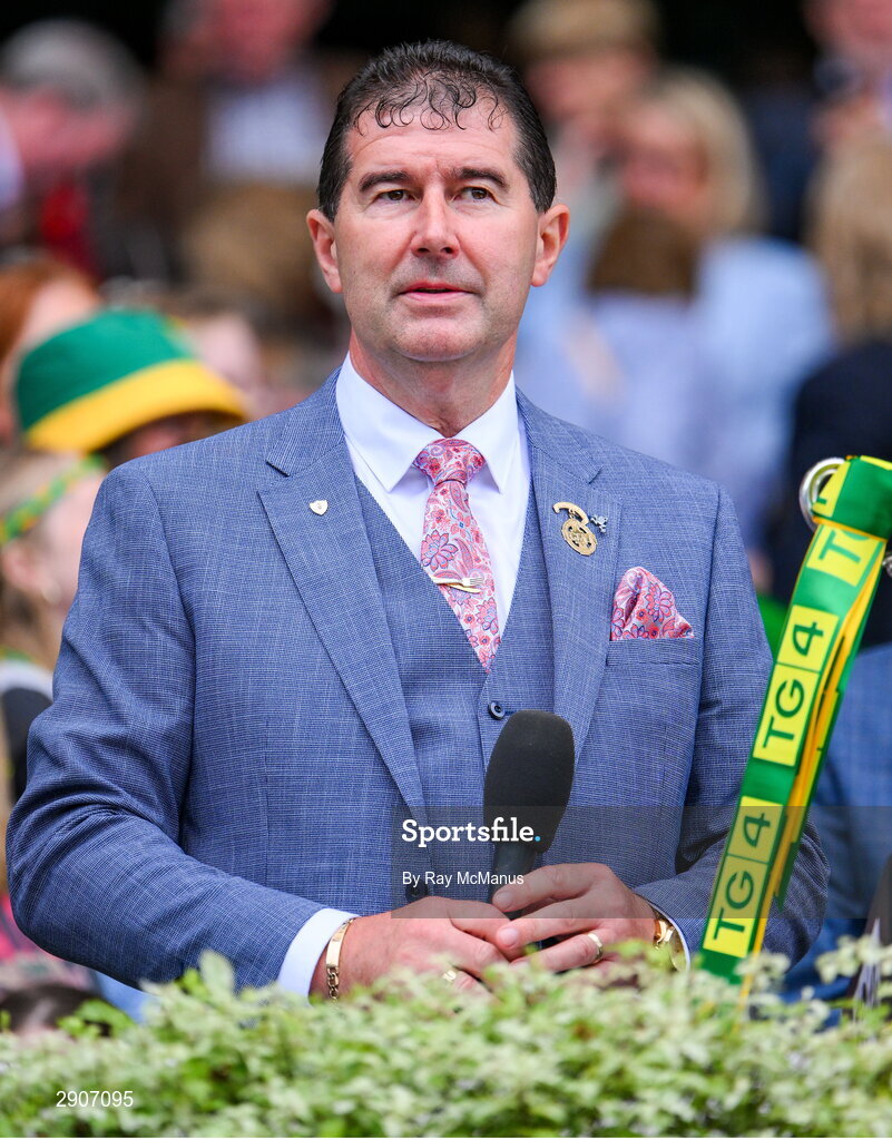 4 August 2024; Uachtarán Cumann Peil Gael na mBan, Mícheál Naughtonn, before the cup presentation at the TG4 All-Ireland Ladies Football Intermediate Championship final match between Leitrim and Tyrone at Croke Park, Dublin. Photo by Ray McManus/Sportsfile