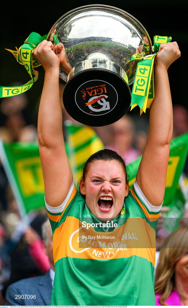 4 August 2024; Leitrim captain Michelle Guckian lifts the Mary Quinn Memorial cup after the TG4 All-Ireland Ladies Football Intermediate Championship final match between Leitrim and Tyrone at Croke Park, Dublin. Photo by Ray McManus/Sportsfile