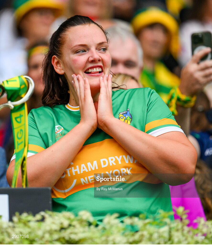 4 August 2024; Michelle Guckian of Leitrim before she was presented with the cup at the TG4 All-Ireland Ladies Football Intermediate Championship final match between Leitrim and Tyrone at Croke Park, Dublin. Photo by Ray McManus/Sportsfile