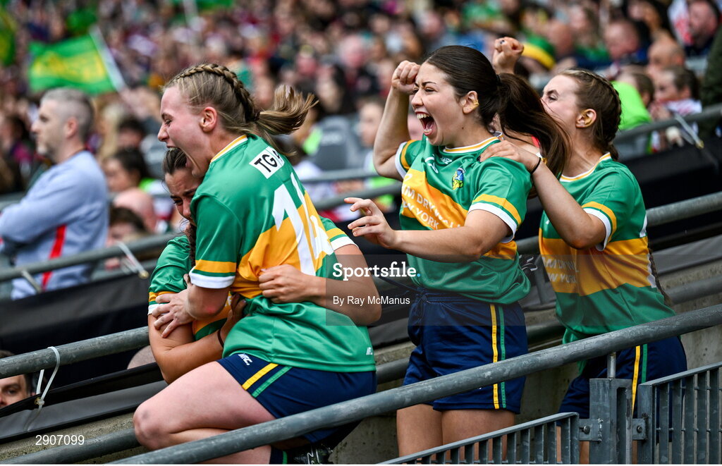 4 August 2024; Leitrim players, from left, Éimhín Quinn, Síomha Quinn, Eiméar McHugh and Edel Shanley celebrate as the final whistle is blown at the TG4 All-Ireland Ladies Football Intermediate Championship final match between Leitrim and Tyrone at Croke Park, Dublin. Photo by Ray McManus/Sportsfile