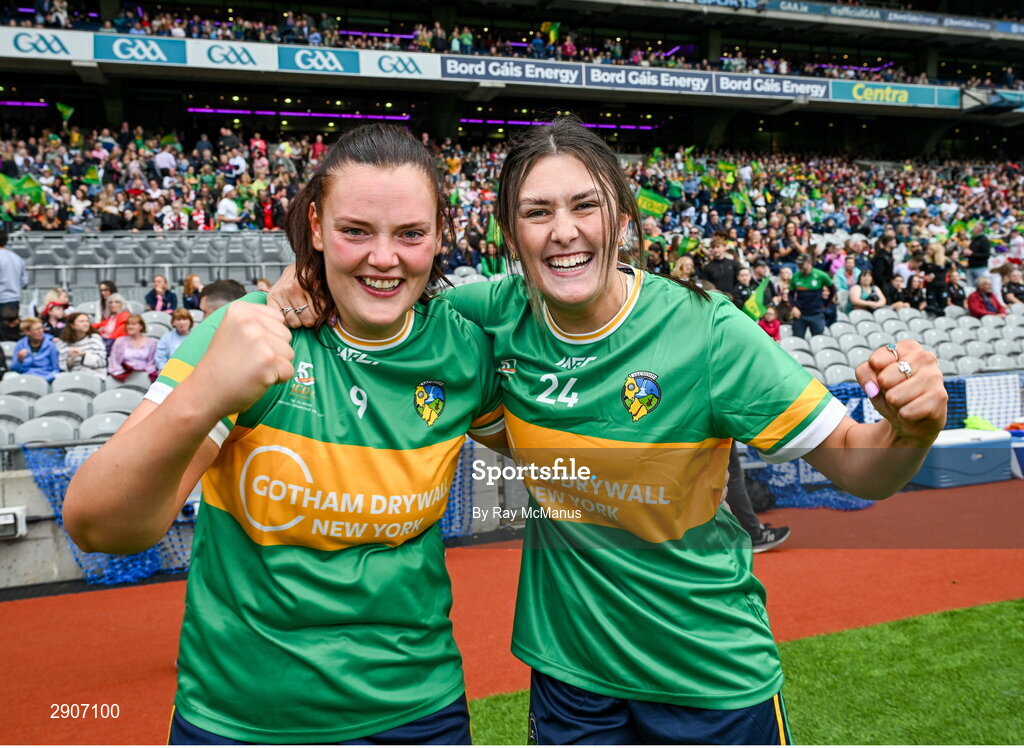 4 August 2024; Leitrim captain Michelle Guckian, left, and Vivienne Egan celebrate after the TG4 All-Ireland Ladies Football Intermediate Championship final match between Leitrim and Tyrone at Croke Park, Dublin. Photo by Ray McManus/Sportsfile
