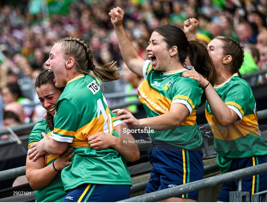 4 August 2024; Leitrim players, from left, Éimhín Quinn, Síomha Quinn, Eiméar McHugh and Edel Shanley celebrate as the final whistle is blown at the TG4 All-Ireland Ladies Football Intermediate Championship final match between Leitrim and Tyrone at Croke Park, Dublin. Photo by Ray McManus/Sportsfile