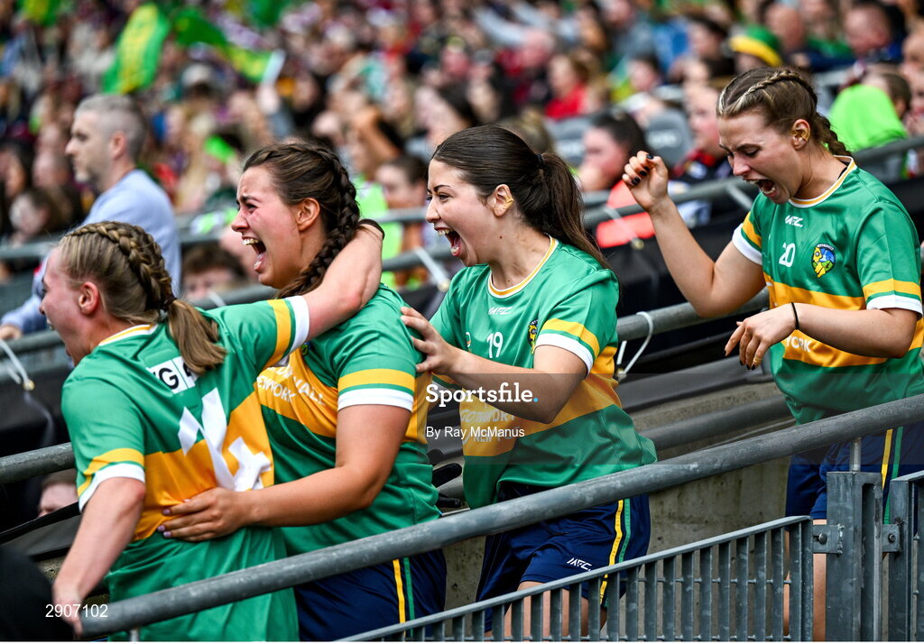 4 August 2024; Leitrim players, from left, Éimhín Quinn, Síomha Quinn, Eiméar McHugh and Edel Shanley celebrate as the final whistle is blown at the TG4 All-Ireland Ladies Football Intermediate Championship final match between Leitrim and Tyrone at Croke Park, Dublin. Photo by Ray McManus/Sportsfile