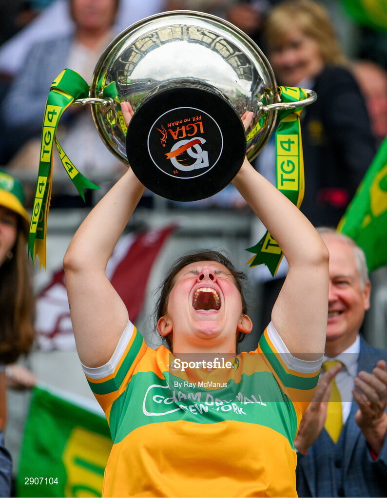4 August 2024; Leitrim goalkeeper Michelle Monaghan lifts the Mary Quinn Memorial cup after the TG4 All-Ireland Ladies Football Intermediate Championship final match between Leitrim and Tyrone at Croke Park, Dublin. Photo by Ray McManus/Sportsfile