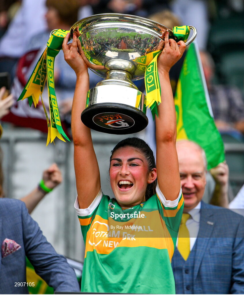 4 August 2024; Michelle Guckian of Leitrim lifts the Mary Quinn Memorial cup after the TG4 All-Ireland Ladies Football Intermediate Championship final match between Leitrim and Tyrone at Croke Park, Dublin. Photo by Ray McManus/Sportsfile
