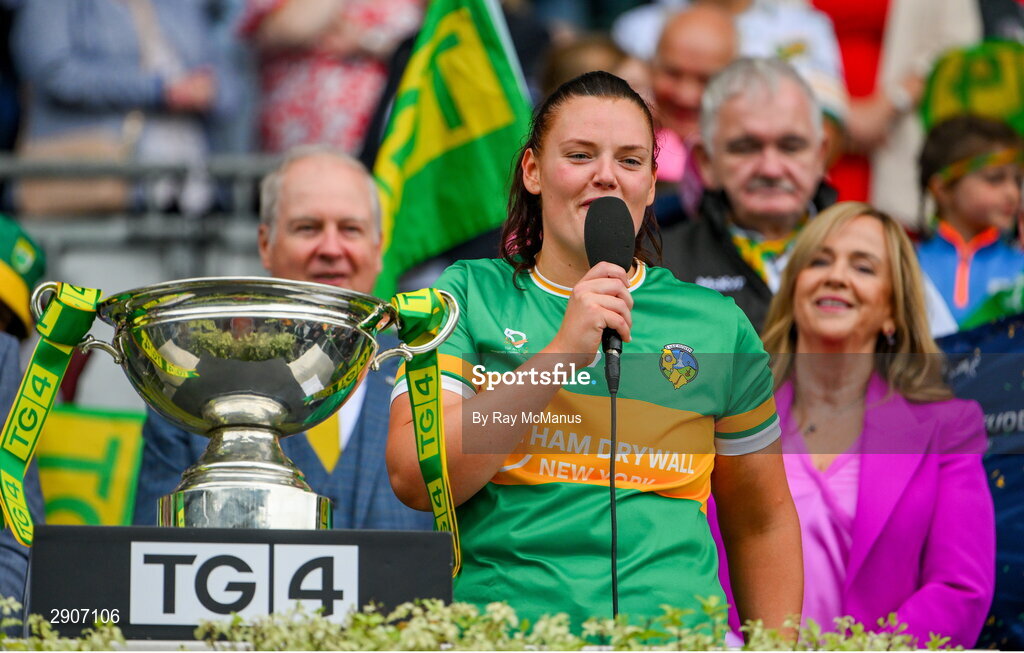 4 August 2024; Leitrim captain Michelle Guckian speaks after she had lifted the Mary Quinn Memorial cup after the TG4 All-Ireland Ladies Football Intermediate Championship final match between Leitrim and Tyrone at Croke Park, Dublin. Photo by Ray McManus/Sportsfile