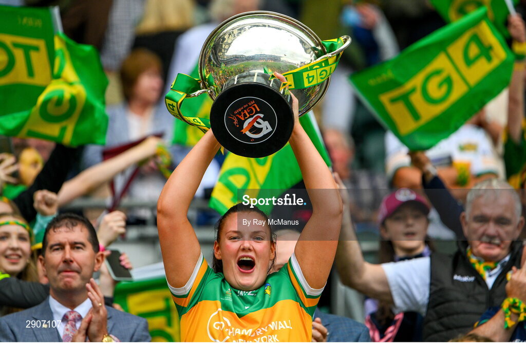 4 August 2024; Leitrim captain Michelle Guckian lifts the Mary Quinn Memorial cup after the TG4 All-Ireland Ladies Football Intermediate Championship final match between Leitrim and Tyrone at Croke Park, Dublin. Photo by Ray McManus/Sportsfile