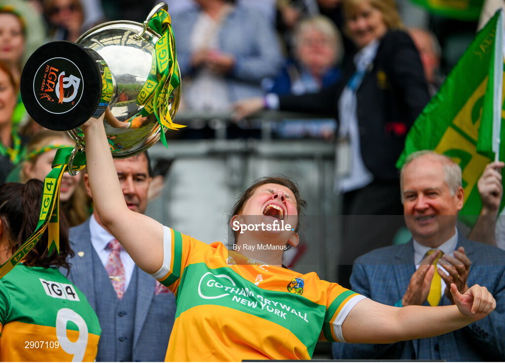4 August 2024; Leitrim goalkeeper Michelle Monaghan lifts the Mary Quinn Memorial cup after the TG4 All-Ireland Ladies Football Intermediate Championship final match between Leitrim and Tyrone at Croke Park, Dublin. Photo by Ray McManus/Sportsfile