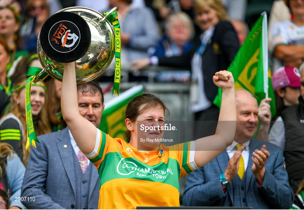 4 August 2024; Leitrim goalkeeper Michelle Monaghan lifts the Mary Quinn Memorial cup after the TG4 All-Ireland Ladies Football Intermediate Championship final match between Leitrim and Tyrone at Croke Park, Dublin. Photo by Ray McManus/Sportsfile